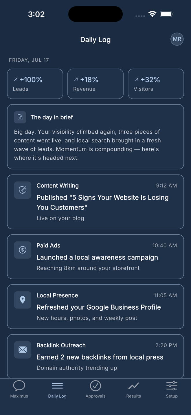 Perception Daily Log on iPhone — the morning brief with leads, revenue and visitor metrics and the day's activity