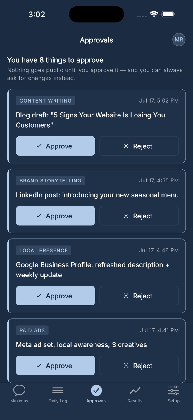 Perception Approvals queue on iPhone — pending content, posts and ads each with one-tap approve or reject